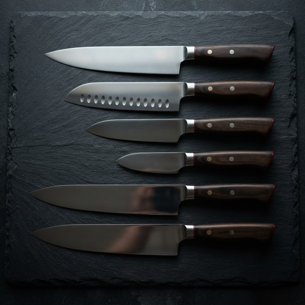 A set of professional straight-edge kitchen knives